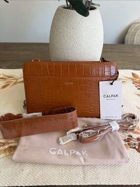 Calpak Tan Croc-Embossed Crossbody Travel Wallet